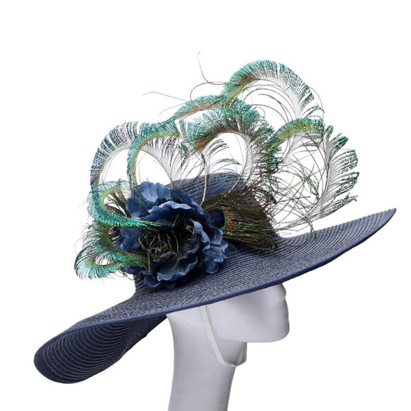 Large Brim Hat Peacock Feathers Floral Queens Plate Horse Race Summer Parties - Picture 2 of 12